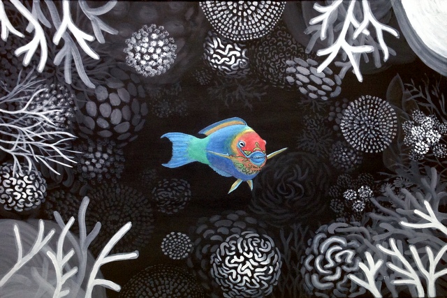 Night and parrotfish, Jay Maclean. 3'x2'