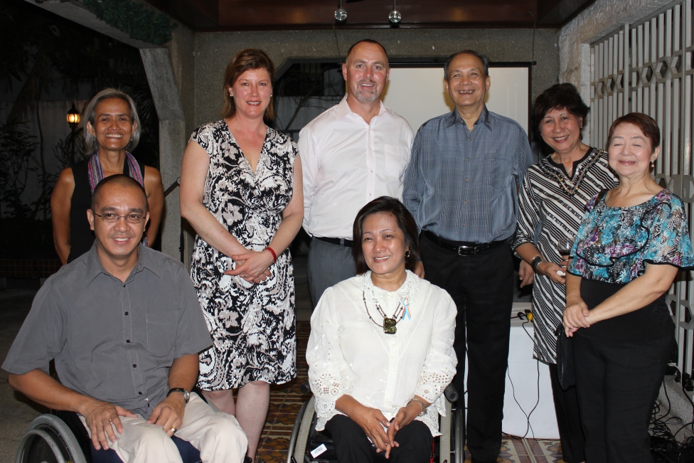 Australian Embassy Chargé d’ Affaires Andrew Byrne (standing, 3rd from left) hosted a reception for Australia’s partners in the disability sector to celebrate the International Day for Persons with Disabilities. Also in photo are: (standing, L-R) Dr Liza Martinez of the Philippine Deaf Resource Center; Octavia Borthwick, Australian Agency for International Development Minister Counsellor; Ret. Cpt. Oscar Taleon and Mrs Daylin Taleon from AKAP-Pinoy; Felicite Jean Gonzales from the Philippine Association of Citizens with Development and Learning Disabilities; (front) Abner Manlapaz from Life Haven; and Carmen Zubiaga, Executive Director of the National Council on Disability Affairs.