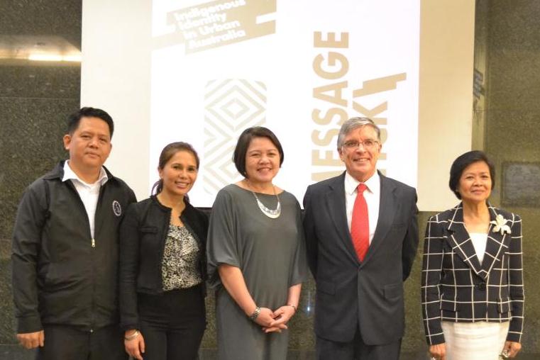 At the exhibit opening on 10 October 2013 at the Ayala Museum: (L-R) Erwin Caliba, National Commission on Indigenous Peoples; Rep. Nancy Catamco, 2nd District of North Cotabato; Mariles Gustilo, Senior Director, Ayala Foundation; Australian Ambassador Bill Tweddell; Emelita Almosara, Executive Director, National Commission for Culture and the Arts